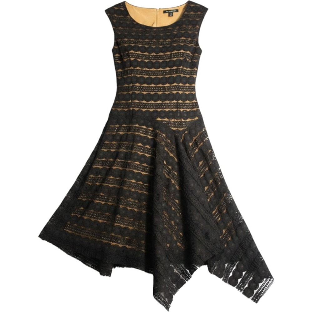 NWT Max Studio Black Lace Dress NudeLining Asymmetrical Handkerchief Hem Size XS